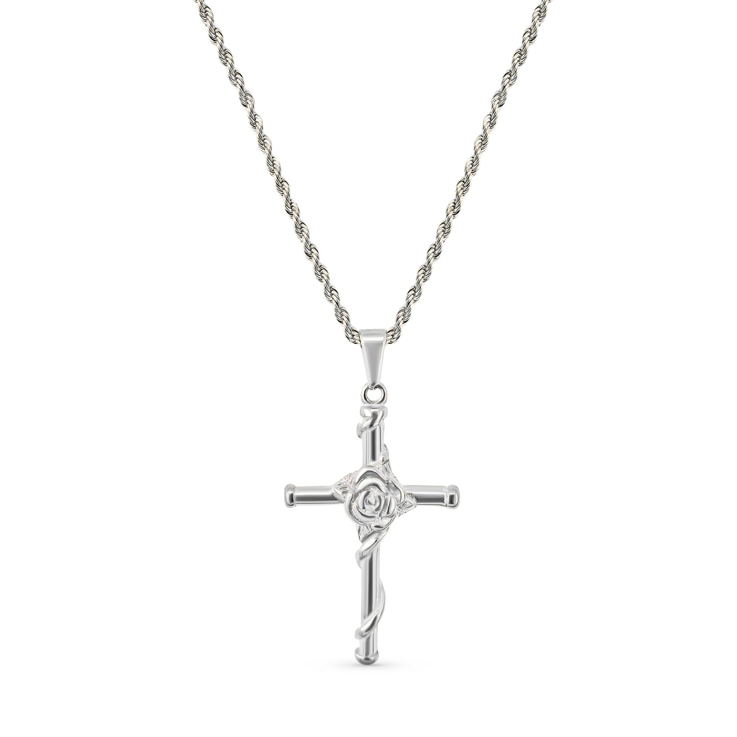 Rose Cross Pendant - Silver